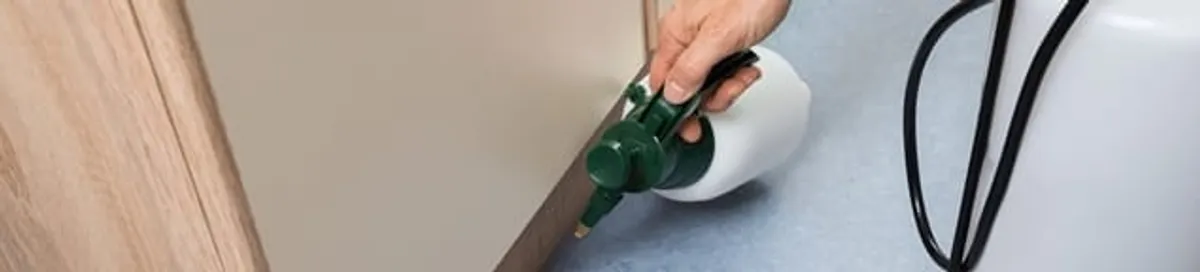 Bed bug exterminator treating baseboards and cracks with targeted spray in Portland, OR